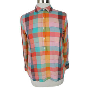 J Crew Womens Cotton Multi Color Plaid Henley Blouse Shirt Size 2
